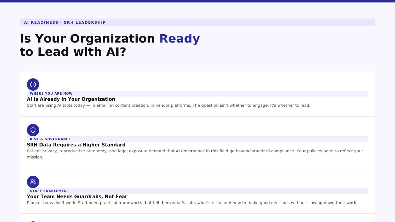 AI Readiness for SRH Leaders slide showing six curriculum themes including governance, staff enablement, and leadership accountability