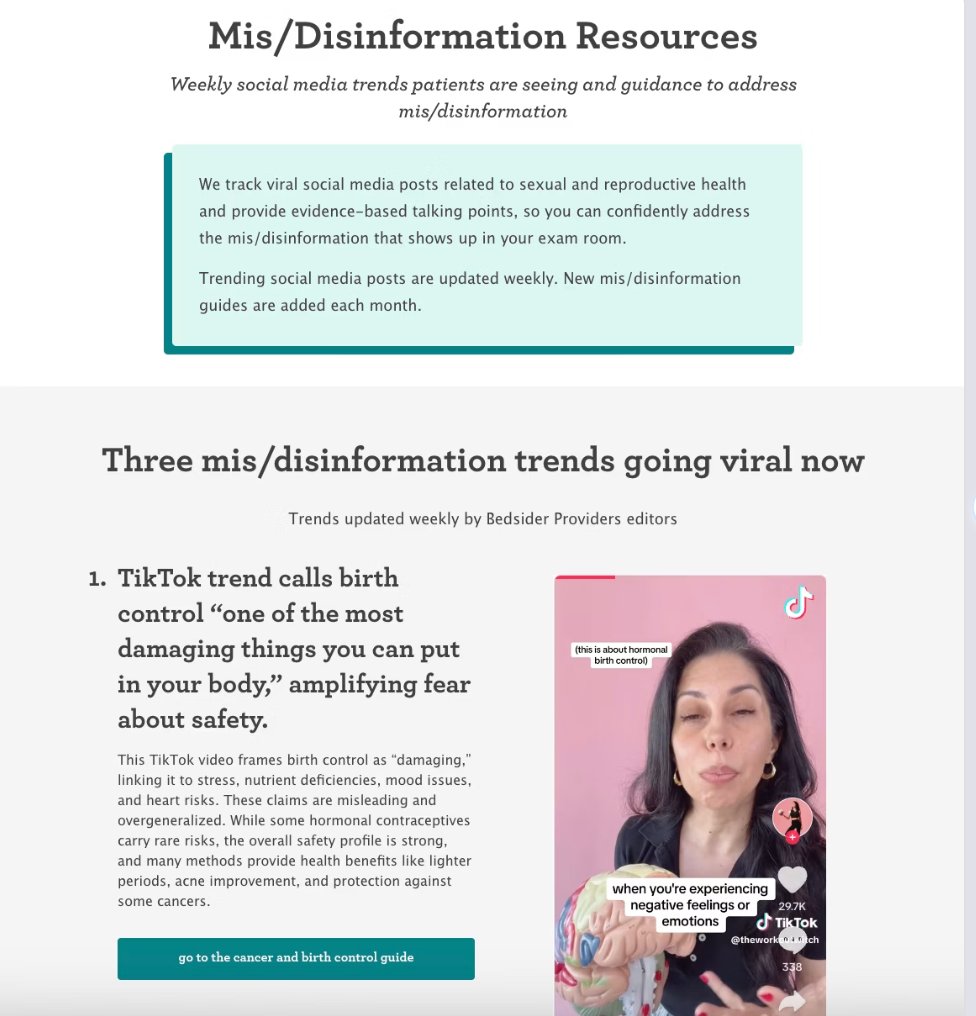 Bedsider Provider Plus mis/disinformation digest showing weekly trending social media posts with evidence-based talking points for clinicians
