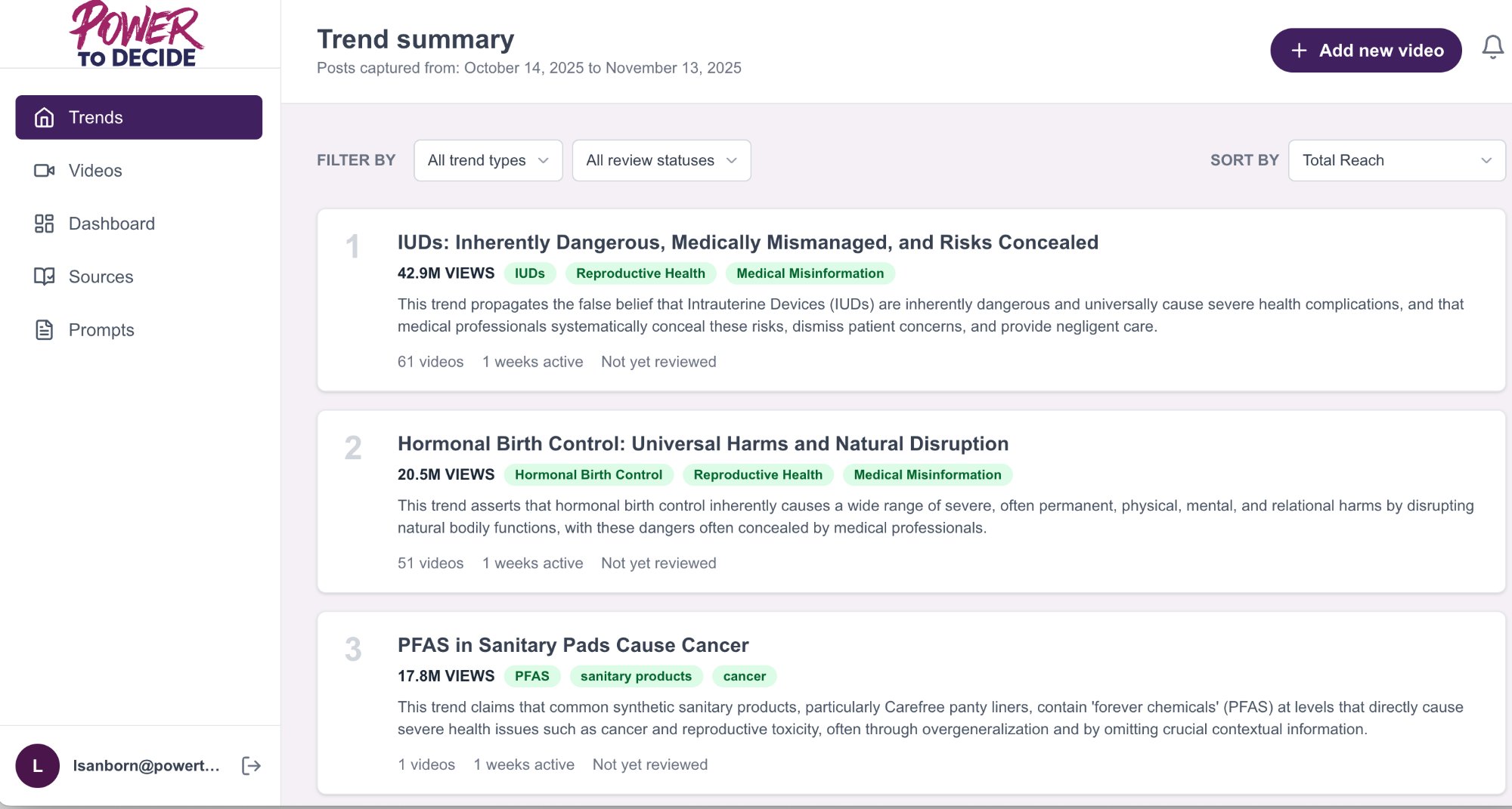 Social Signal Pipeline trend dashboard showing top misinformation trends by view count